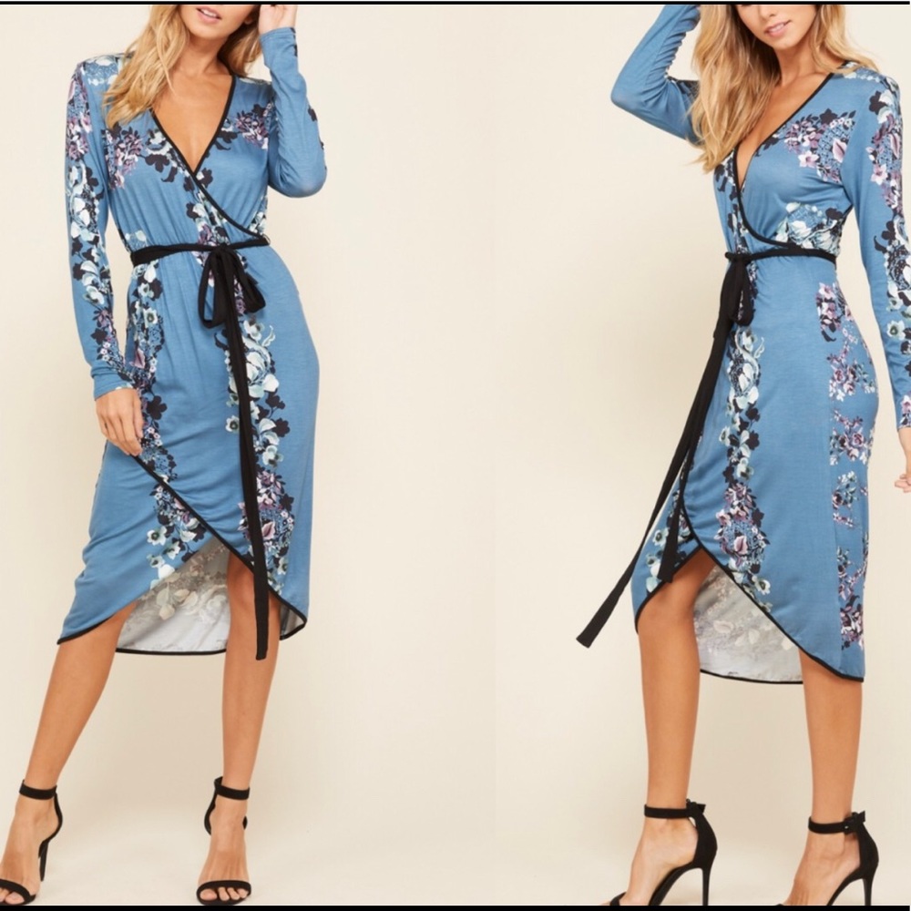 Printed long sleeve wrap dress